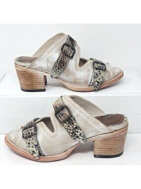 Freebird Caprice Buckle Slide Sandals Womens 9 Taupe Leather Block Heel Mule